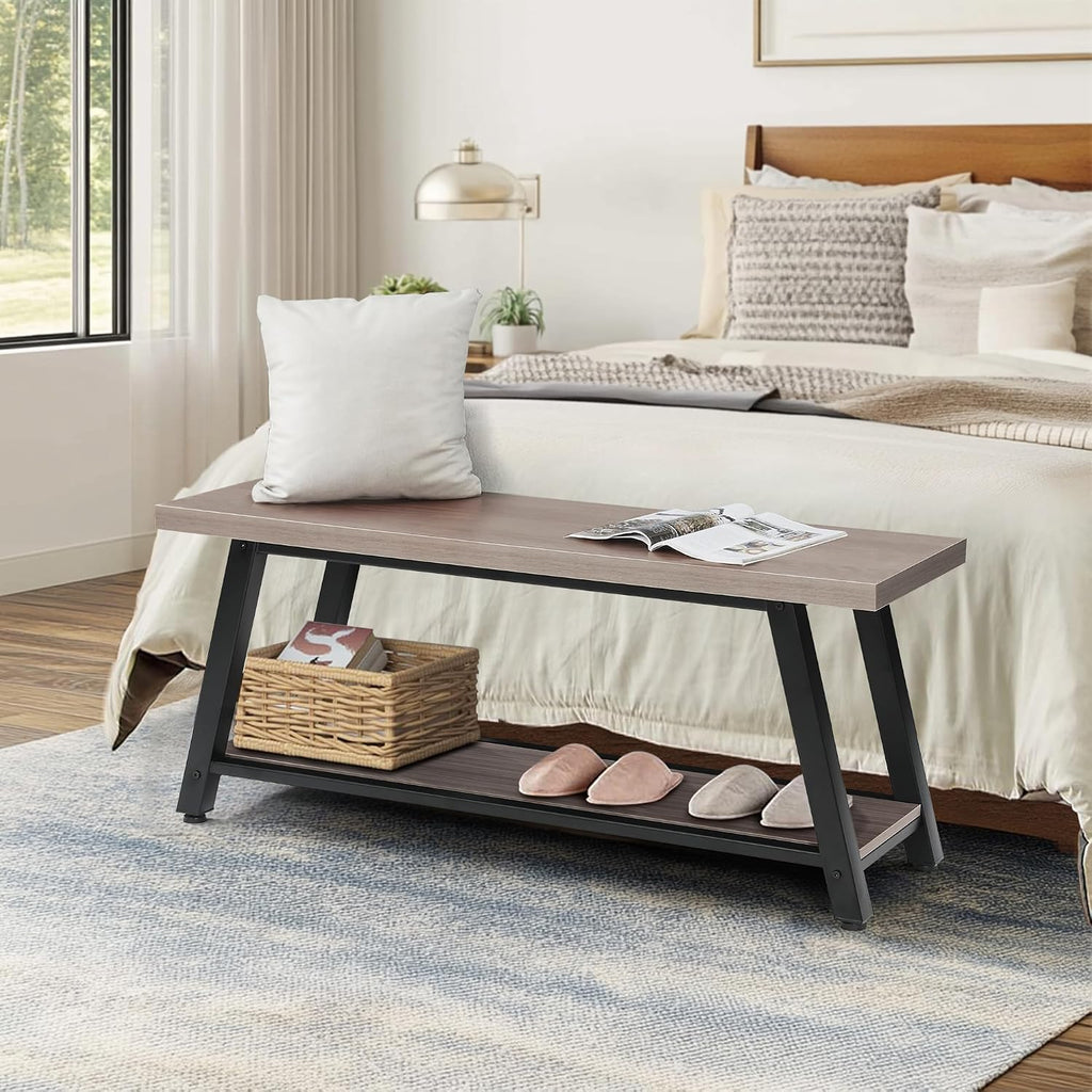 43" Wood Long Modern Farmhouse Entryway Bench, Wood Bedroom End of BedBench, Vintage Mid Century Rustic Style, Perfect for Mudroom, Storage, Living Room, Light Grey