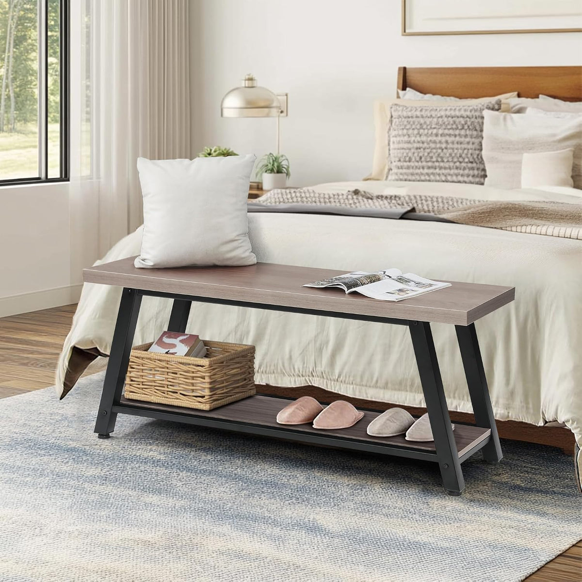 43" Wood Long Modern Farmhouse Entryway Bench, Wood Bedroom End of BedBench, Vintage Mid Century Rustic Style, Perfect for Mudroom, Storage, Living Room, Light Grey