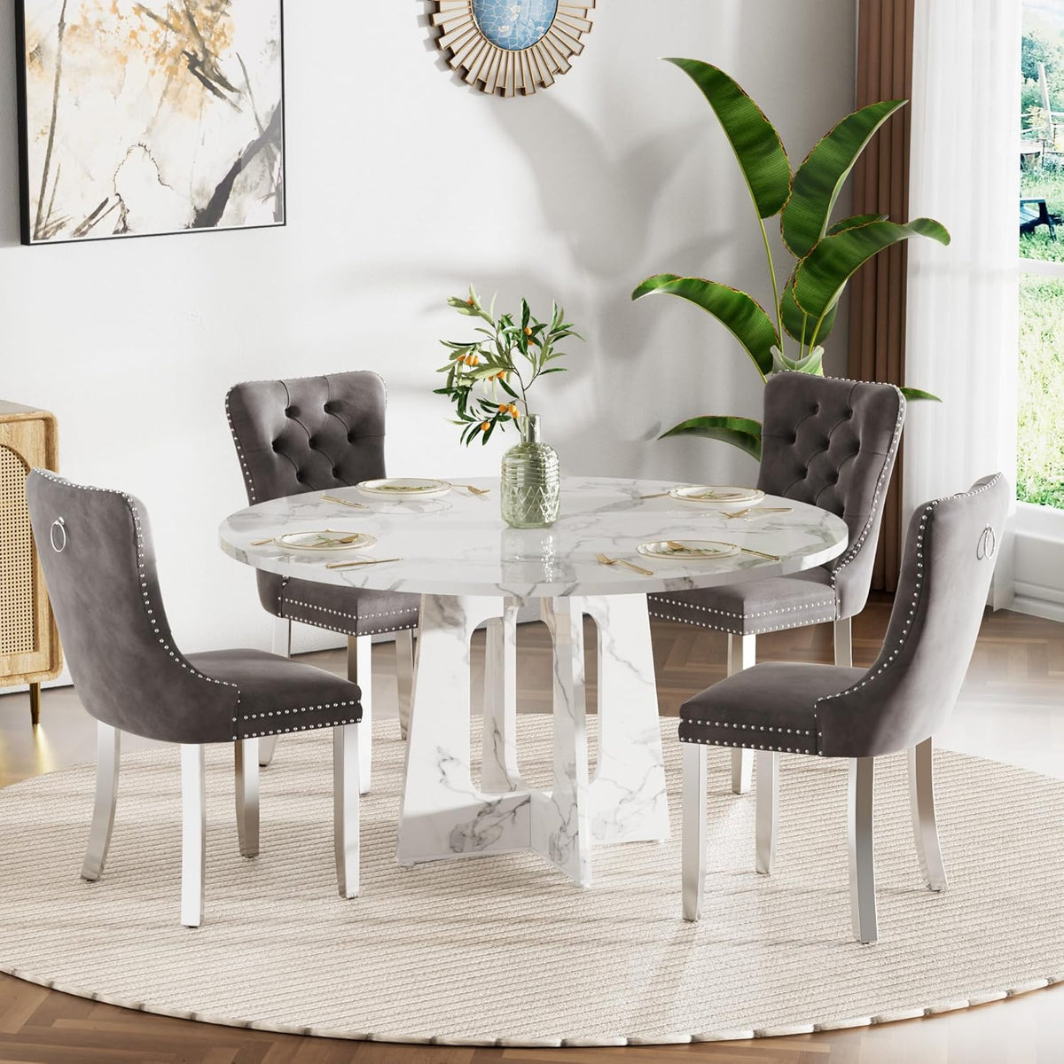 Round Modern Dining Table Set for 4, 47" Circle White Faux Marble Kitchen Table with 4 Grey Velvet Upholstered Dining Chairs,Wooden Kitchen and Dining Room Table Set for Dining Room