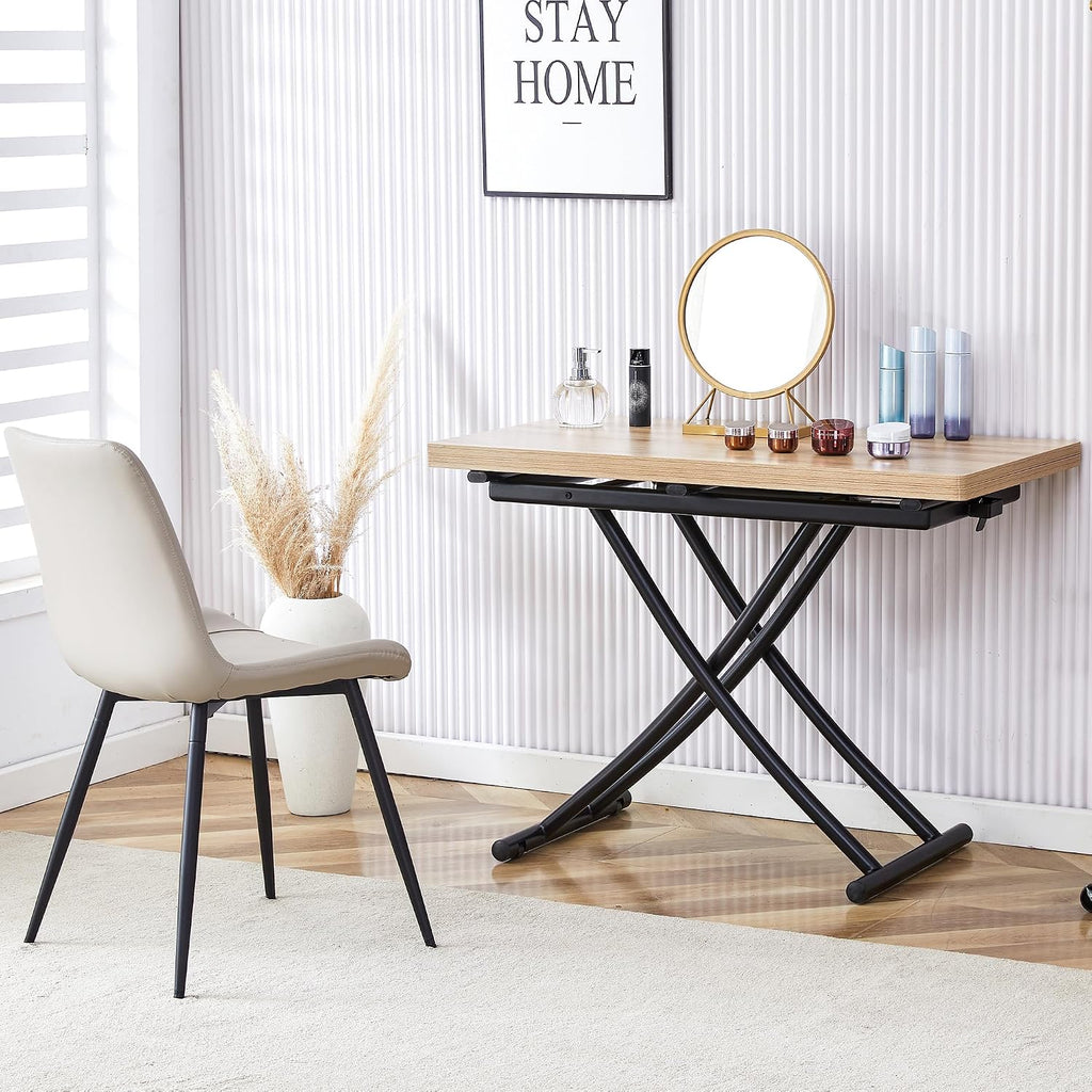 Space Saving Folding Dining Table, Adjustable Height Foldable Coffee Table with Wooden Tabletop and Metal Legs, Small Transformer Kitchen Table for Apartment, Living Room, Dining Room