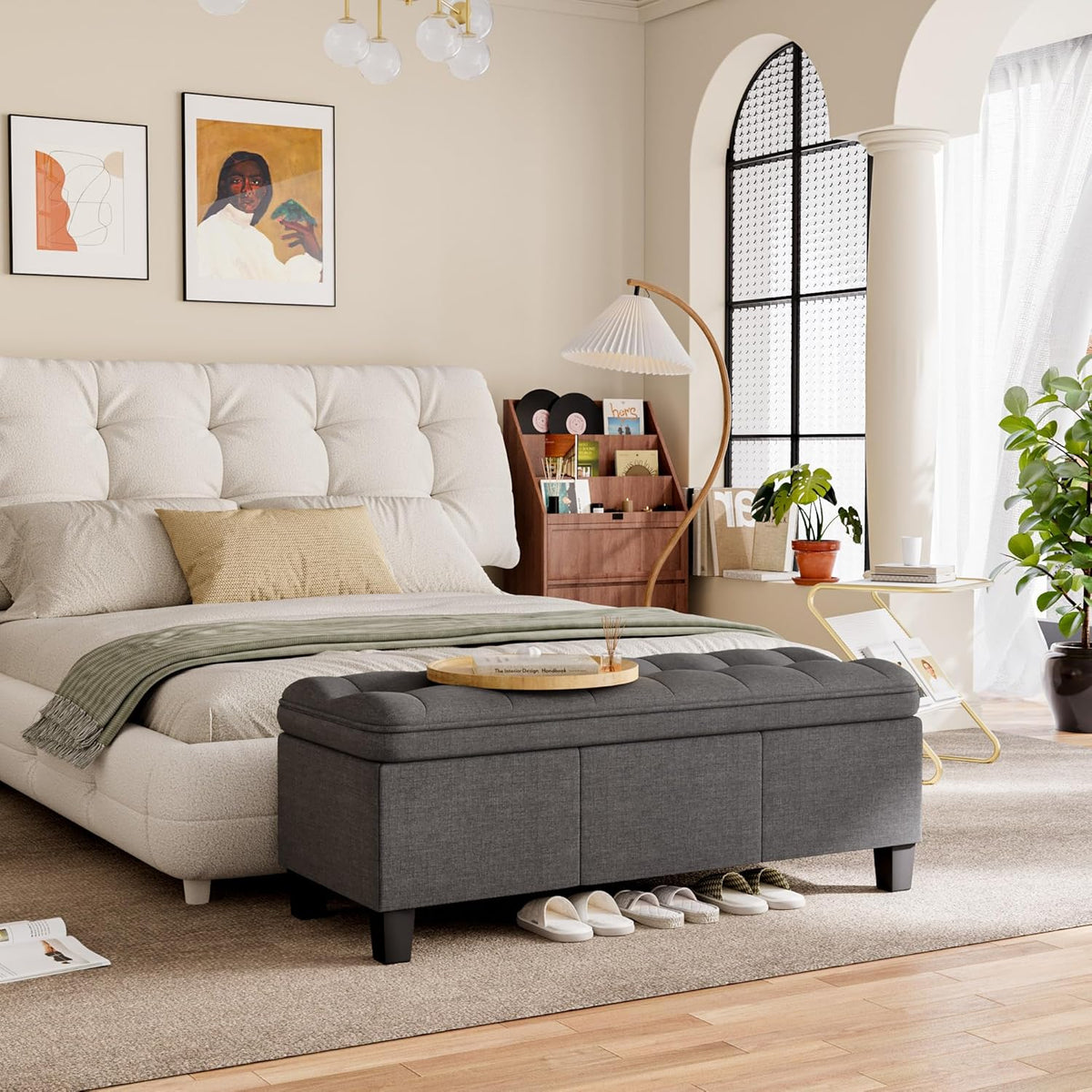 YESHOMY 47 Inches Ottoman with Storage, Storage Bench with Legs, Ottomans for Living Room, Entryway, Adjustable & Movable, Easy Assembly, Dark Gray Textured