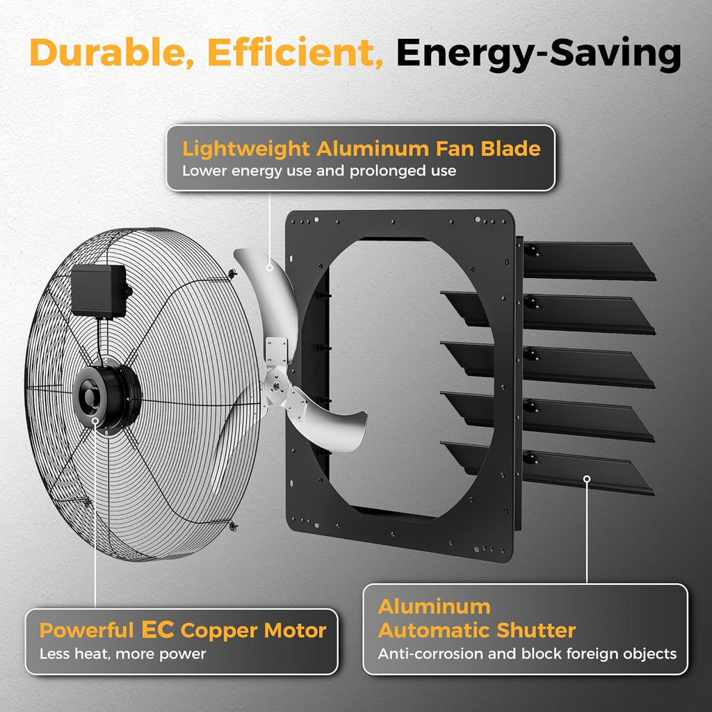 24 Inch EC Motor Shutter Exhaust Fan, 6 Inch Large Touchscreen Controller for Temp Humidity and Speed Control, 10-Speed Wall Mount Fan for Attic, Greenhouse, Garage, Chicken Coop Ventilation