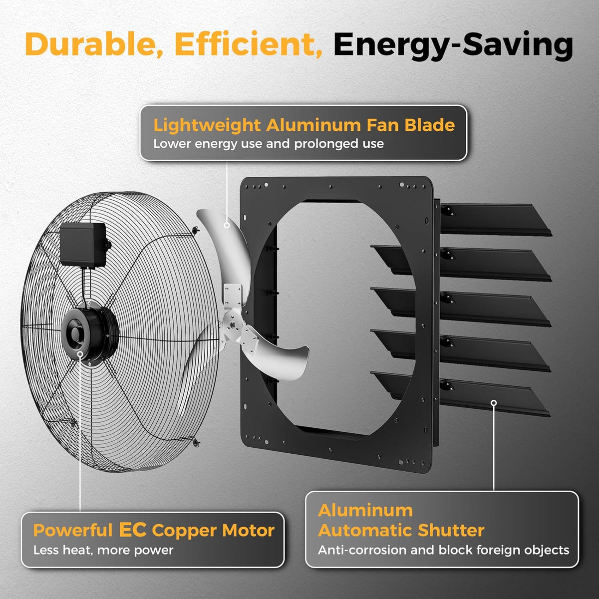 24 Inch EC Motor Shutter Exhaust Fan, 6 Inch Large Touchscreen Controller for Temp Humidity and Speed Control, 10-Speed Wall Mount Fan for Attic, Greenhouse, Garage, Chicken Coop Ventilation