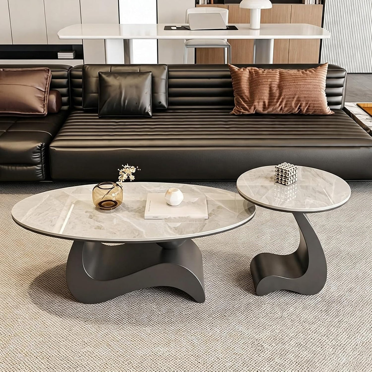 Set of 2 Modern Nesting Coffee Tables with Storage, Sintered Stone Top | Modern Center Table for Living Room, Fully Assembled, Luxury Home Interior Decor(Gray+Gray,130cm/51.2in)