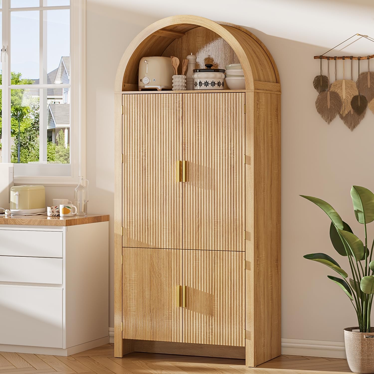 OFIKA 71" Arched Kitchen Pantry Cabinet, Fluted Wood Storage with 3 Shelves | 3 Adjustable Shelves & 6 Door Shelves, Modern Organizer for Kitchen & Bathroom, Natural Wood Finish, Sturdy Fluted Design