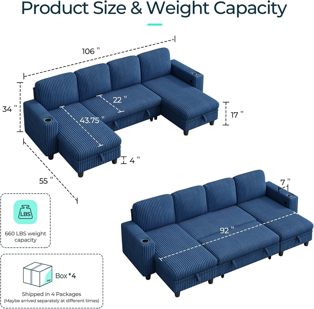 LINSY HOME Sectional Couches for Living Room, 106" U Shape 4 Seats, Blue | Sleeper sofa with pull out couch bed, corduroy couch with storage