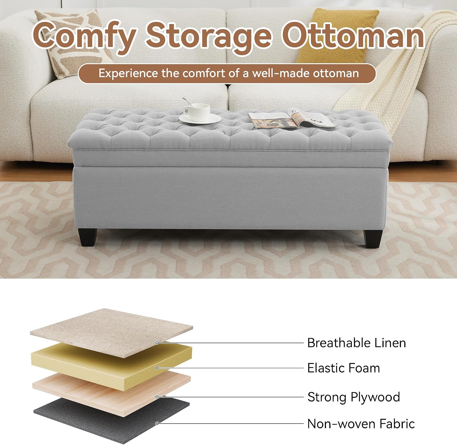 WUTUTUEE 51" Fabric Storage Ottoman Bench, Upholstered Rectangle End of Bed Storage Ottoman Tufted Living Room Bedroom Bench with Safety Hinge, Solid Wood Legs, Loads 500 lb(Light Grey)