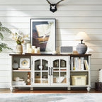 RWYHG Farmhouse TV Stand for 60 in TV, Entertainment Center for Living Room | Adjustable Shelves, Magnetic Glass Door, Sturdy Gourd Base, Wood Grain Top, High Capacity Storage Cabinet, White