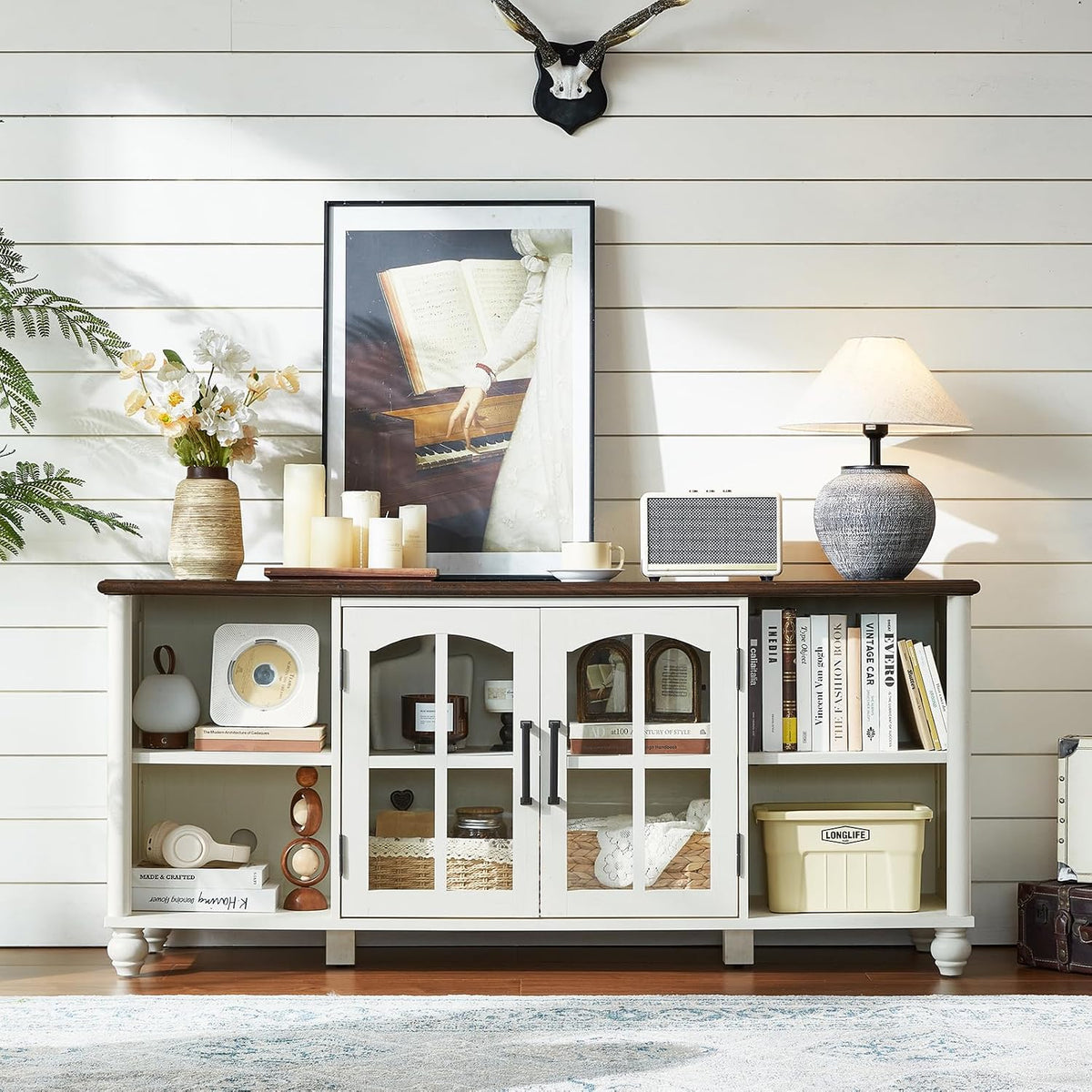 RWYHG Farmhouse TV Stand for 60 in TV, Entertainment Center for Living Room | Adjustable Shelves, Magnetic Glass Door, Sturdy Gourd Base, Wood Grain Top, High Capacity Storage Cabinet, White