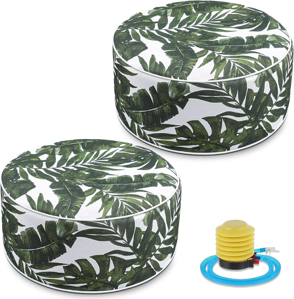 Cinnvoice 2 Pcs Inflatable Outdoor Ottoman Pouf Waterproof Round Footrest with Handle D21 x H9 Inch Indoor Outdoor Portable Footstool for Patio Garden Camping or Home Pool(Leaf)