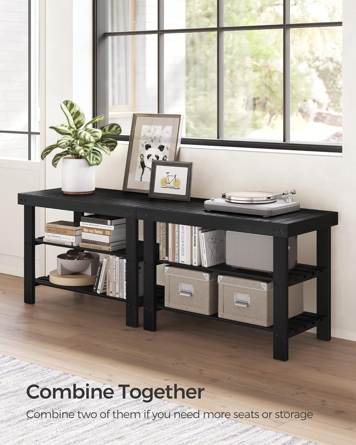 SONGMICS Shoe Rack Bench, 3-Tier Bamboo Shoe Storage Organizer, Entryway Bench, Holds Up to 286 lb, 11.3 x 27.6 x 17.8 Inches, for Entryway Bathroom Bedroom, Ink Black ULBS04H
