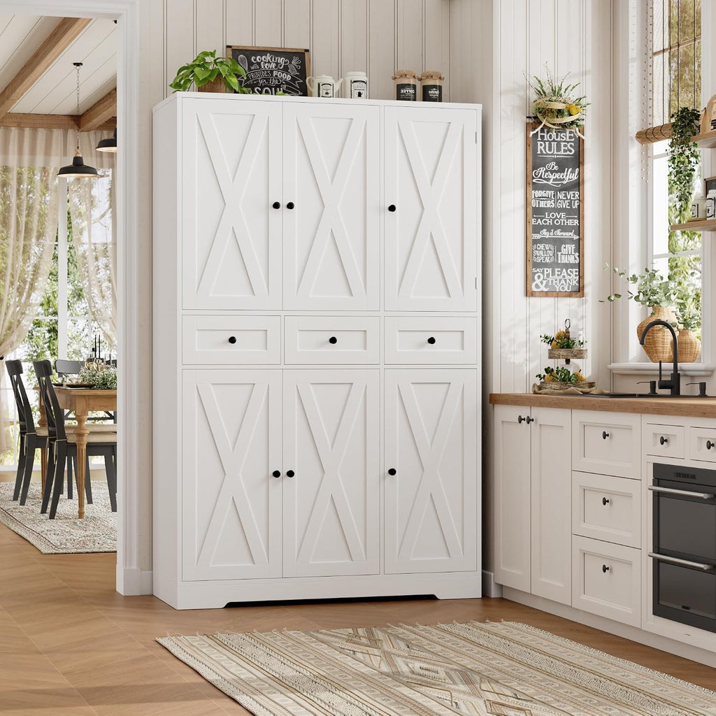 HOSTACK Modern Farmhouse Kitchen Pantry Storage Cabinet, 67" H Kitchen Pantry Cabinet with Barn Doors and Shelves, Freestanding Food Storage Cabinets with Drawers for Dining Room, Living Room, White
