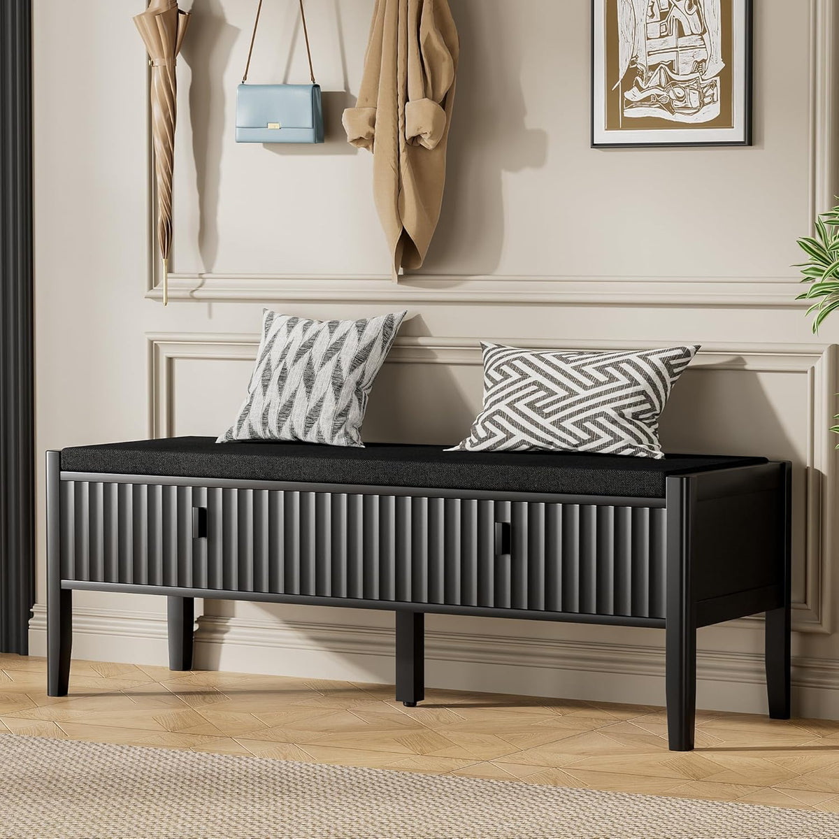 Furniway Black Fluted Shoe Bench with 2 Drawers, Entryway Storage Bench with Thick Padded Cushion Seat, Open Bottom Shoe Storage Shelf for Hallway, Living Room, Bedroom, 47.2" W