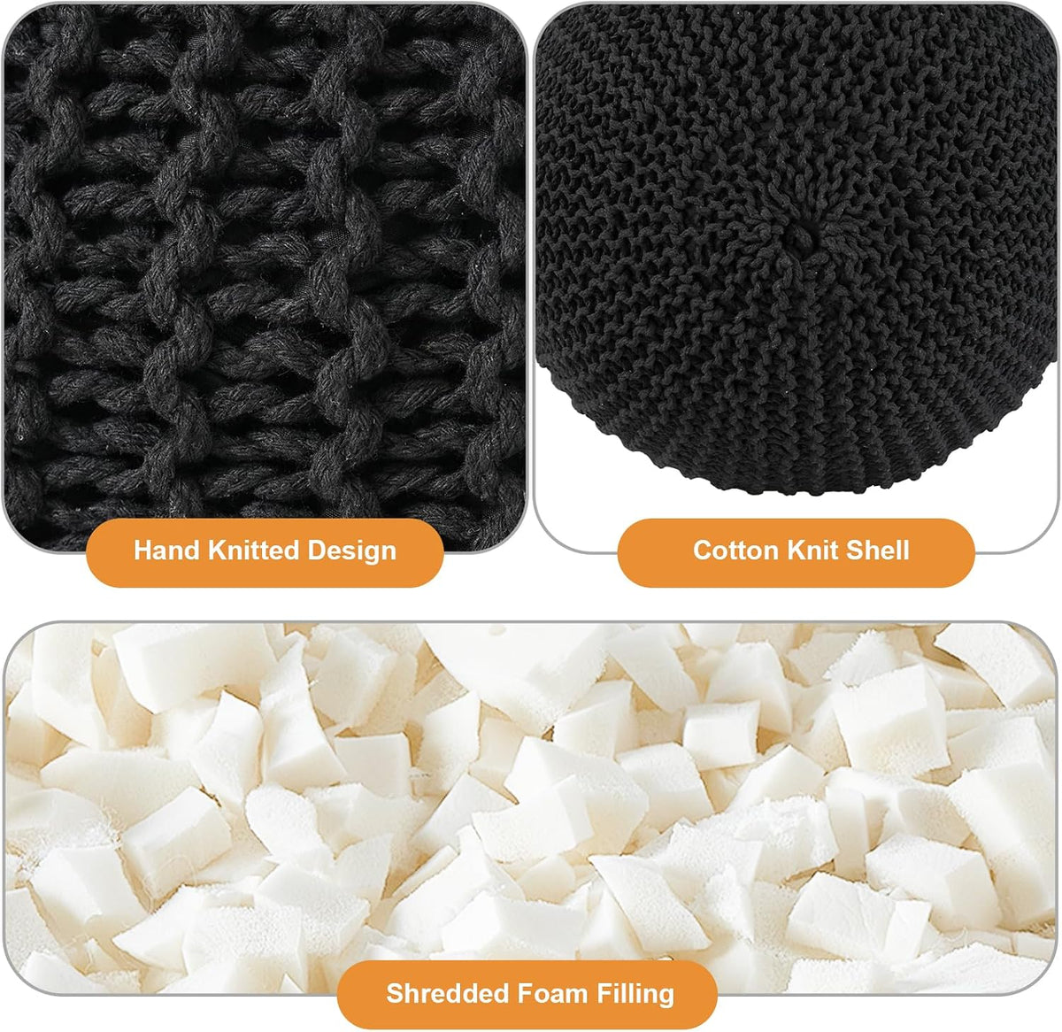Pouf Ottoman Stuffed Round Modern Foam Filled Foot Rest Poufs for Living Room Chair Decorative 20 X 14 Inches Boho Relax Stool for Wedding Christmas Party, (Black, 20 Inch)