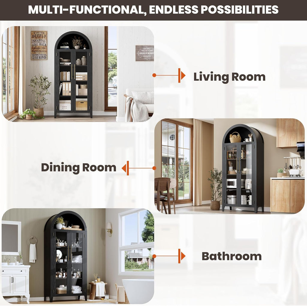 GarveeHome Arched Kitchen Pantry Cabinet - Farmhouse 5 Tier Display Shelf with Adjustable Shelf and 2 Large Glass Doors, Versatile Storage Cupboard for Kitchen, Dining Room, Living Room, Black