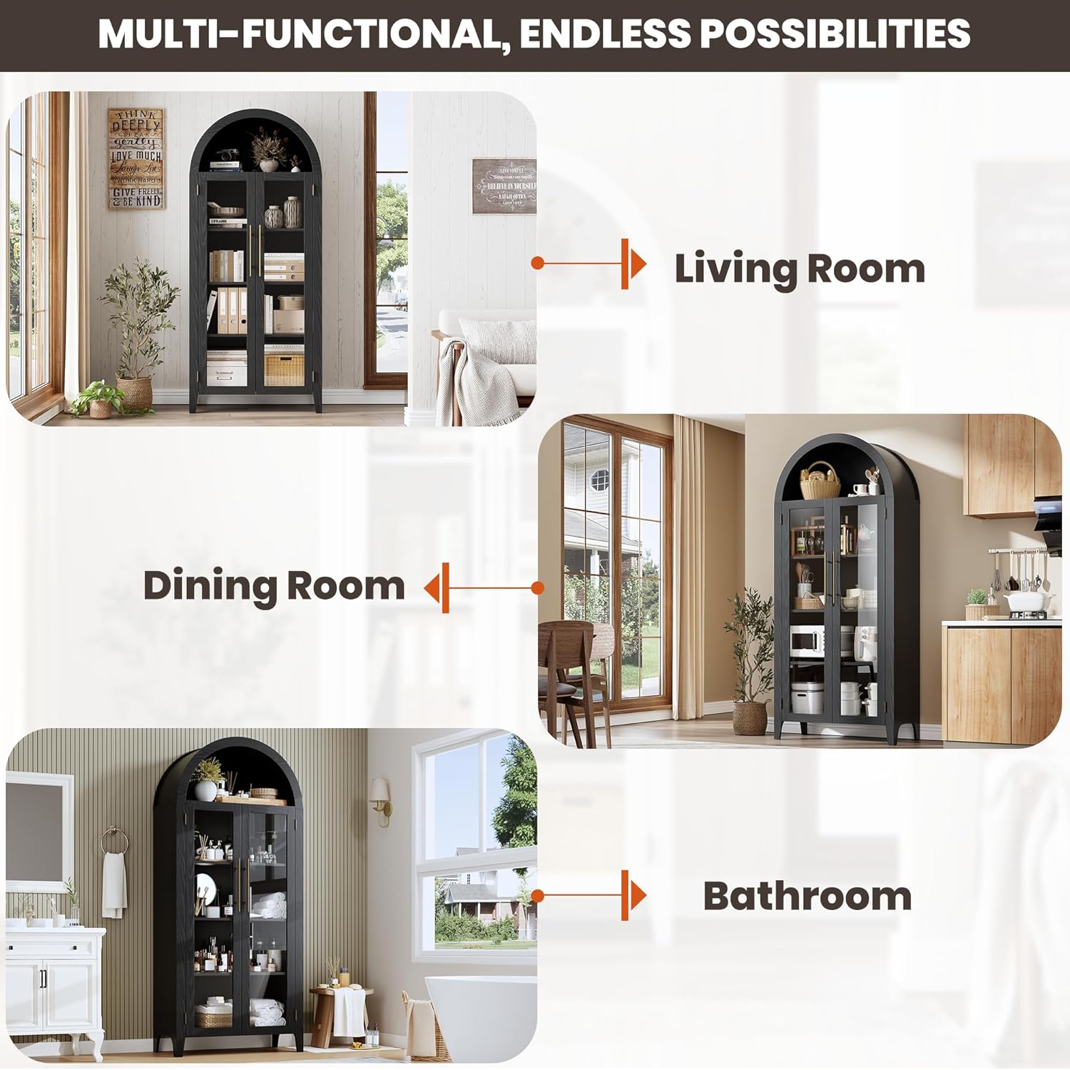 GarveeHome Arched Kitchen Pantry Cabinet - Farmhouse 5 Tier Display Shelf with Adjustable Shelf and 2 Large Glass Doors, Versatile Storage Cupboard for Kitchen, Dining Room, Living Room, Black