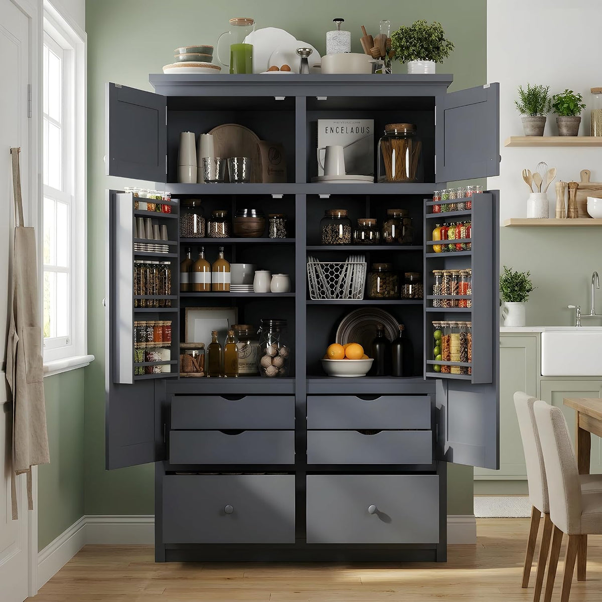Tall Kitchen Pantry Cabinet with Adjustable Shelves, Freestanding Large Cupboard with 8 Door Shelves, 4 Pull-Out Trays, 6 Drawers for Kitchen, Dining Room (Grey)