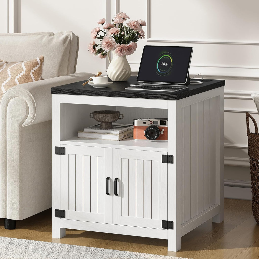 Farmhouse End Table with Charging Station, 24" Large Side Table with Open Shelf and Barn Door Storage, Wood Square Bedside Table Nightstand for Living Room, Bedroom (1, White)