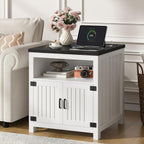Farmhouse End Table with Charging Station, 24" Large Side Table with Open Shelf and Barn Door Storage, Wood Square Bedside Table Nightstand for Living Room, Bedroom (1, White)