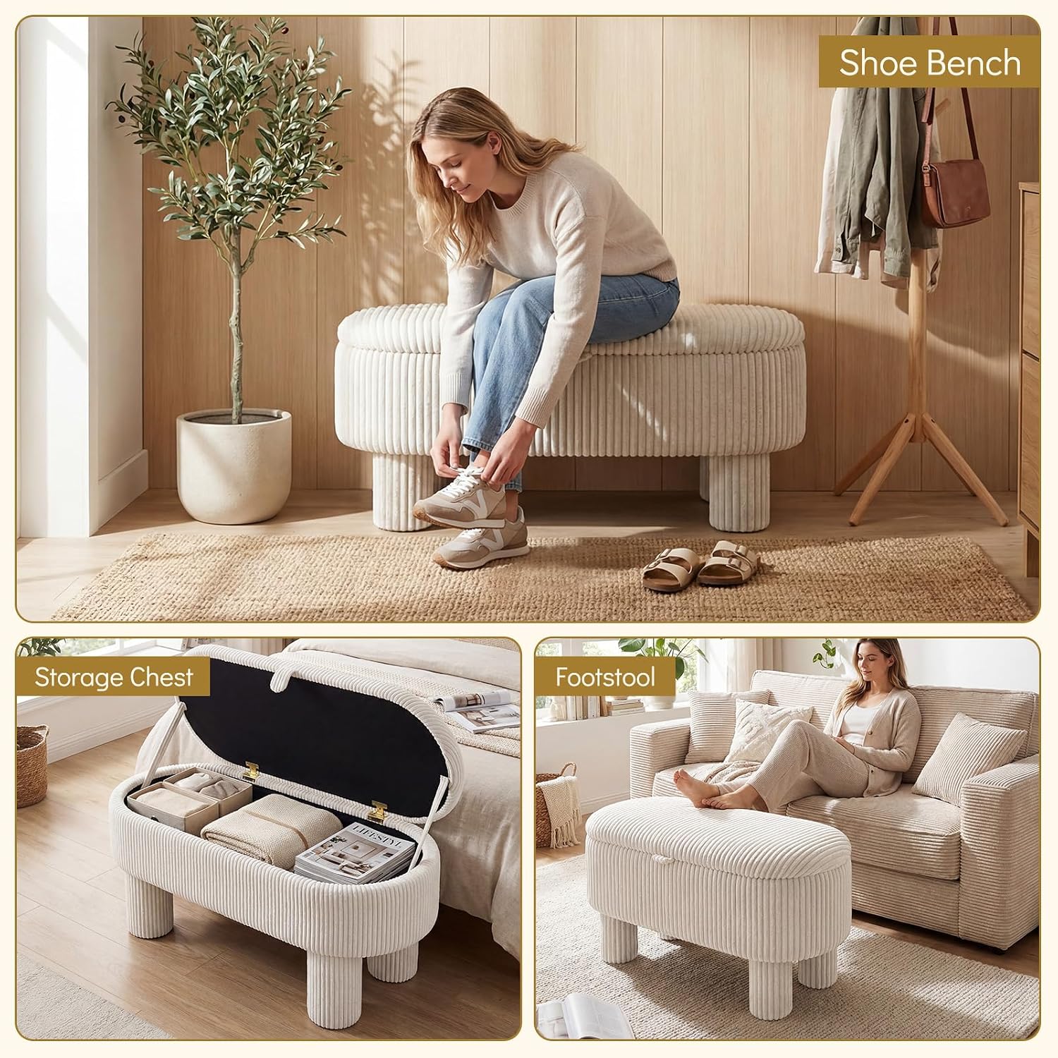 Giantex 42'' Storage Ottoman Bench, Corduroy Fabric Upholstered End of Bed Bench with Hidden Storage Compartment & Legs, Blanket Storage Chest for Living Room, Bedroom, Entryway (Beige)