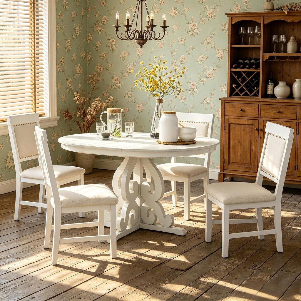 Extendable Dining Table Set for 4-6, Farmhouse Kitchen Table Set with Extendable Round Dining Table & 4 Upholstered Chairs, Solid Wood Table and Chairs Set for Kitchen, Dining Room, Antique White