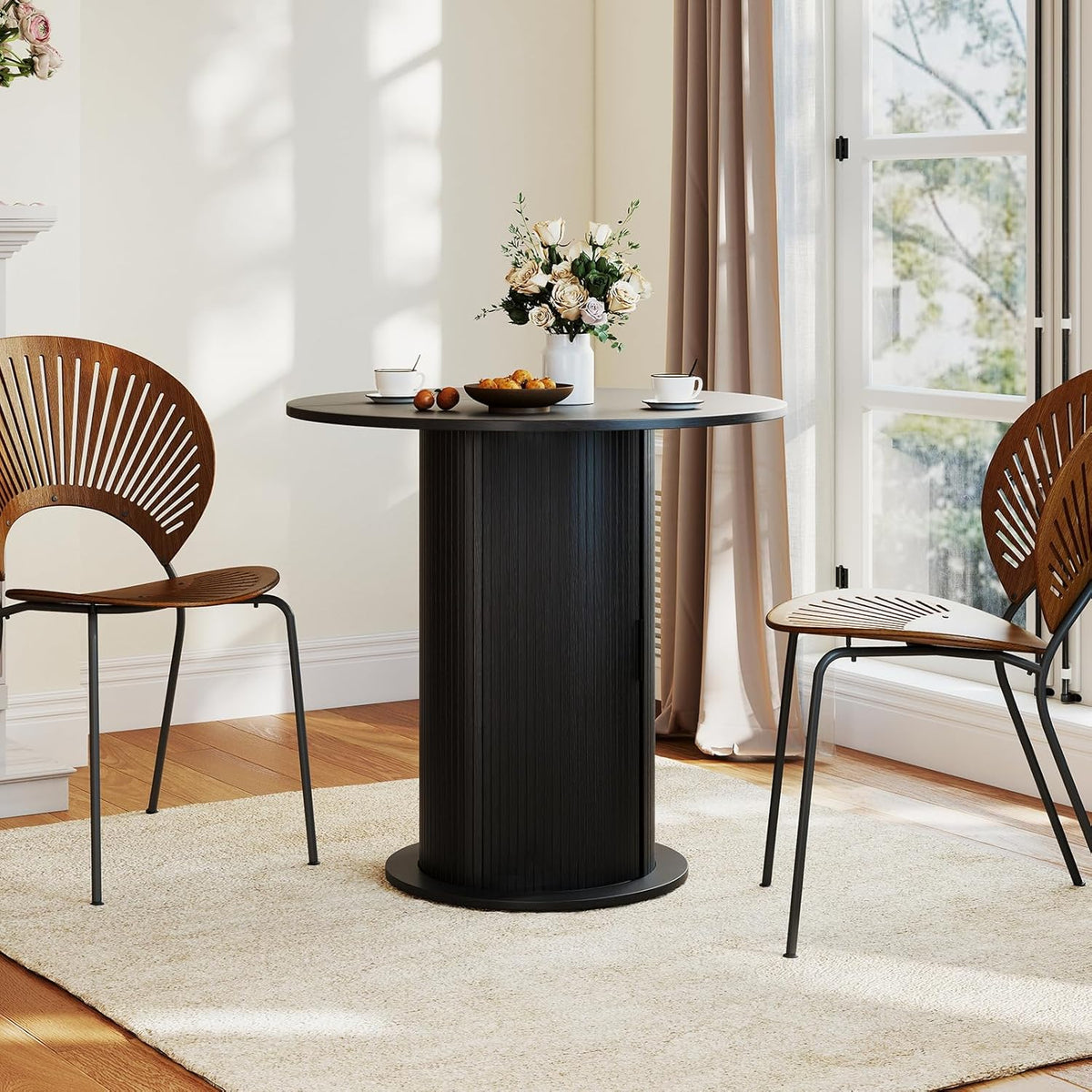 SoarFlash 31.5 Inch Round Dining Table for 2-3, Circle Farmhouse Kitchen Table with Storage Space, Wood Strip Base for Dining Room, Living Room, Lunch (Black)