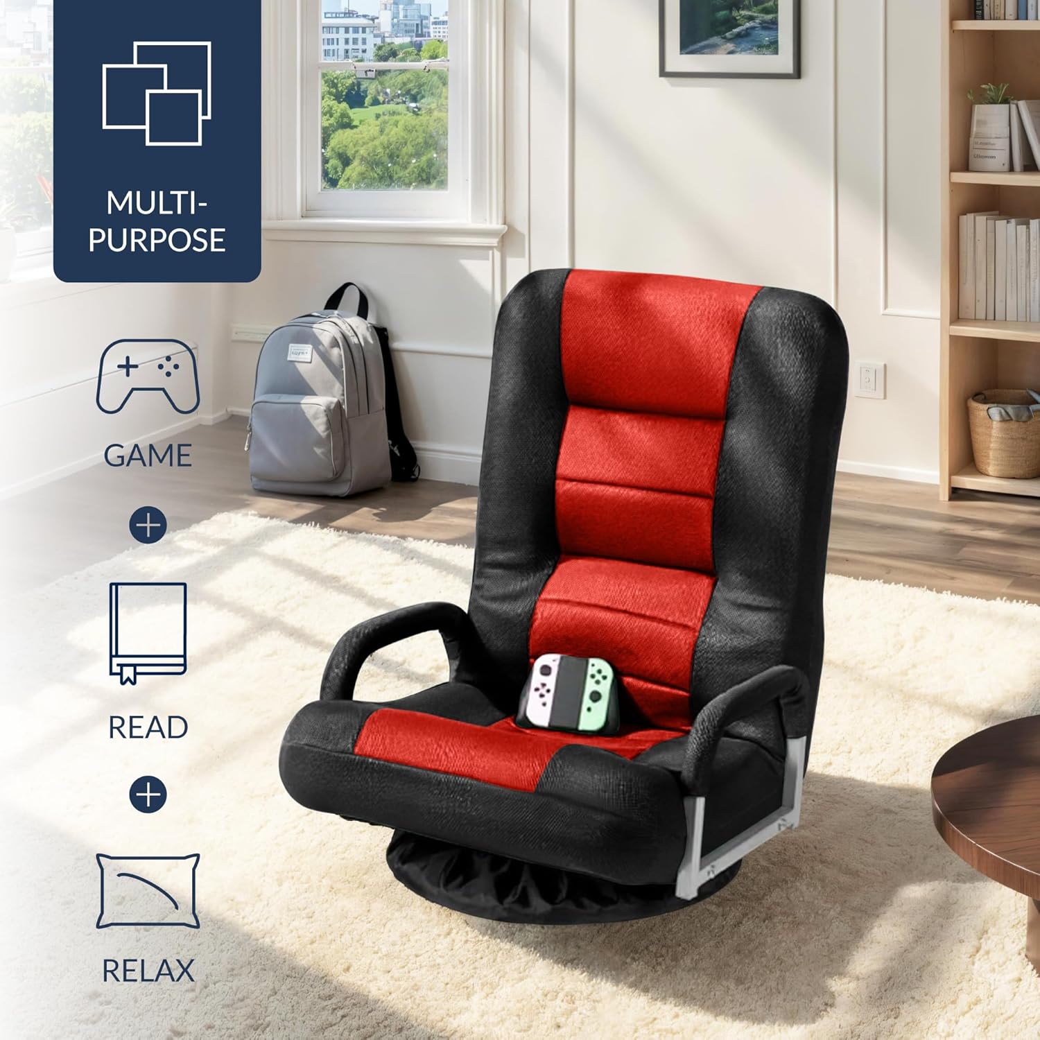 Best Choice Products Swivel Gaming Chair 360 Degree Multipurpose Floor Chair Rocker for TV, Reading, Playing Video Games w/Lumbar Support, Armrest Handles, Adjustable Foldable Backrest - Black/Red