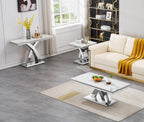 Marble End Table Modern Square Silver Living Room Table Sofa Side Table with Mirrored X-Shape Stainless Steel Base, Luxury White Faux Marble Small Bed Side Corner Table for Living Room Bedroom