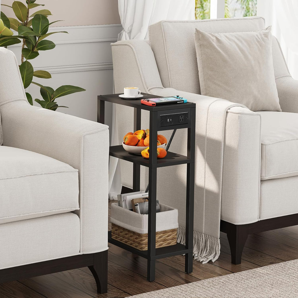 TUTOTAK Narrow Side Table, 3-Tier Small End Table with Charging Station | Skinny Sofa Table, Slim Nightstand, Easy Assembly for Living Room, Bedroom, Black TB01BK079