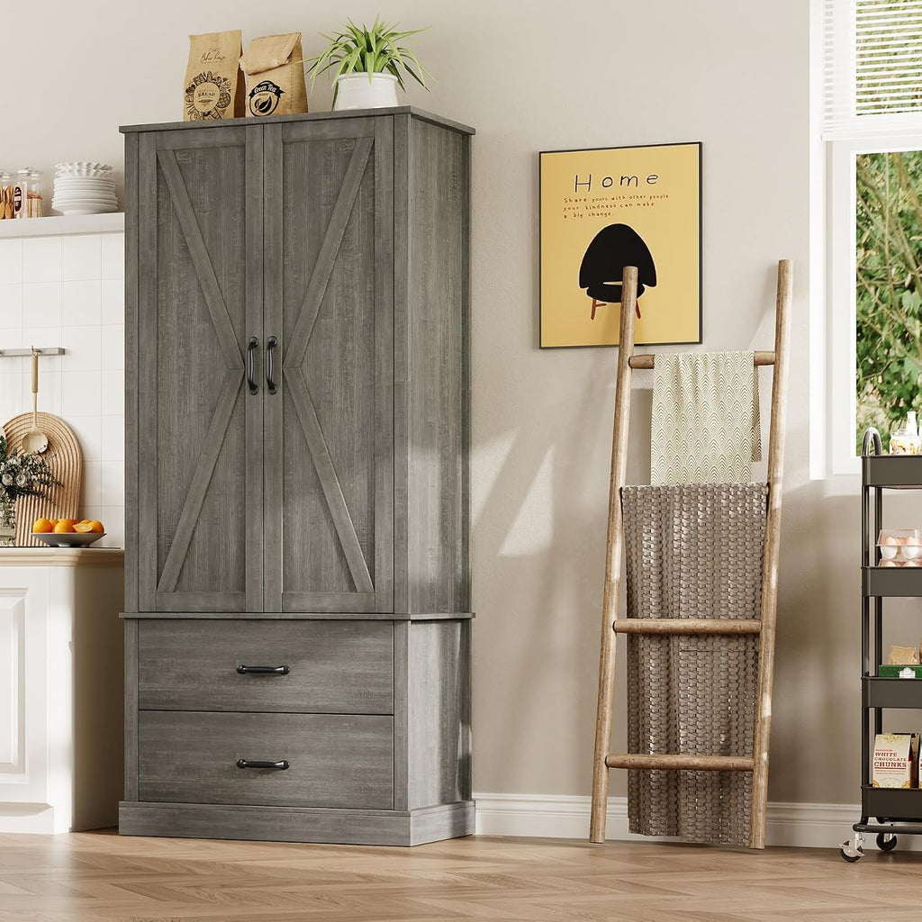 Takywep Freestanding Farmhouse Pantry Cabinet with Barn Doors, Adjustable Shelves & Large Drawers,Versatile Kitchen Storage Cupboard for Dining or Living Room,Pastoral Gray