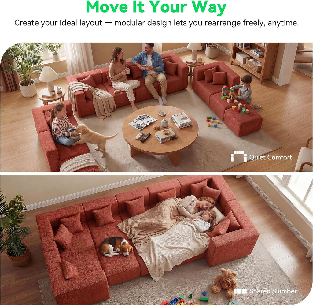 MONVANE Oversized Sectional Couch 10-Seat, Chenille, Rust Red | Sectional Couch for Living Room, Modular Cloud Sofa with Ottoman & 10 Throw Pillows, No Assembly Required