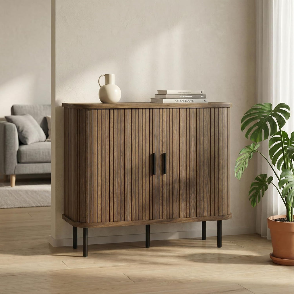 HOMCOM 35.4" Sideboard Buffet Cabinet with Storage, Nordic Coffee Bar Cabinet with Slatted Tambour Doors and Metal Legs, Kitchen Credenza, Walnut