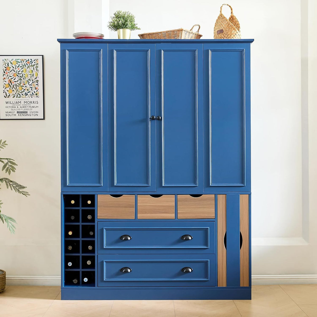 VilroCaz Farmhouse 71''H Wood Large Kitchen Pantry, 53.2''Lx17.7''W Dining Storage Cabinet Cupboard with 4 Foldable Doors, Power Outlet, Shelves, Wine Racks and Serving Trays (Blue-4 Fold)