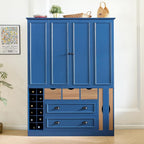 Farmhouse 71''H Large Kitchen Pantry,Deepen Dining Storage Cupboard with 4 Foldable Doors,Power Outlet, Shelves, Wine Racks and Serving Trays (Blue/FD)