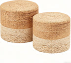 Wimarsbon 2Pcs Pouf Ottomans, Natural Seagrass Foot Stool, Hand Weaving Round Ottoman, Boho Decorative Seat, Jute Braided Pouffe Poof Accent Sitting Footrest (18inch Water Hyacinth Braid & Corn Husk)