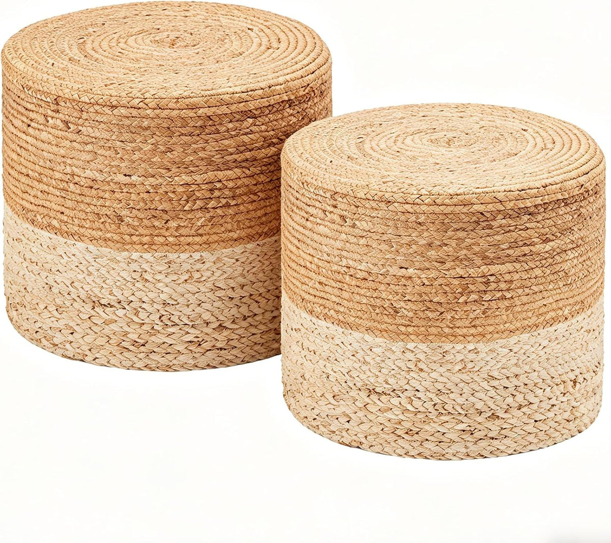 Wimarsbon 2Pcs Pouf Ottomans, Natural Seagrass Foot Stool, Hand Weaving Round Ottoman, Boho Decorative Seat, Jute Braided Pouffe Poof Accent Sitting Footrest (18inch Water Hyacinth Braid & Corn Husk)