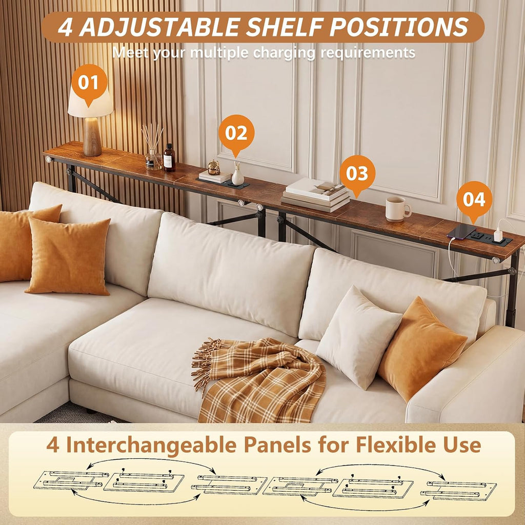 Adjustable Behind Couch Table with Outlets, Brown