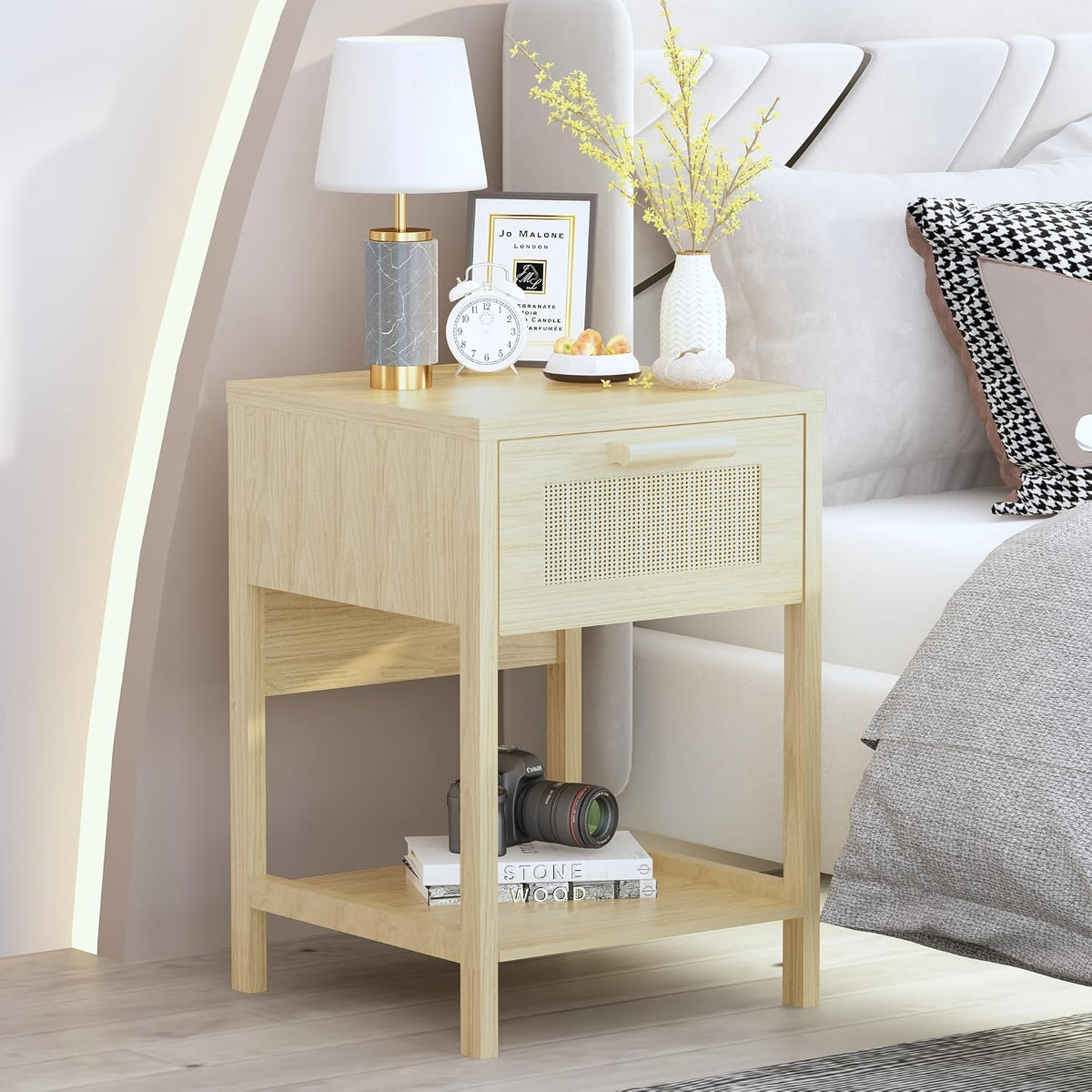 furlinkhm Rattan Nightstand, Boho Bedside Table, 23" Rattan Nightstand, End Table with Drawer, Wood Bedside Table Boho End Tables Side Tables with Storage Shelf, Suitable for Bedroom, Living Room