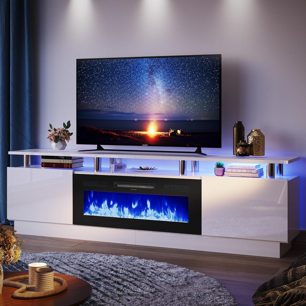 80" Fireplace TV Stand, 2-Tier LED Entertainment Center with 36" Fireplace, Fits TVs up to 90", Modern High Gloss TV Console with LED Lights & Storage Cabinets for Living Room, White + Black