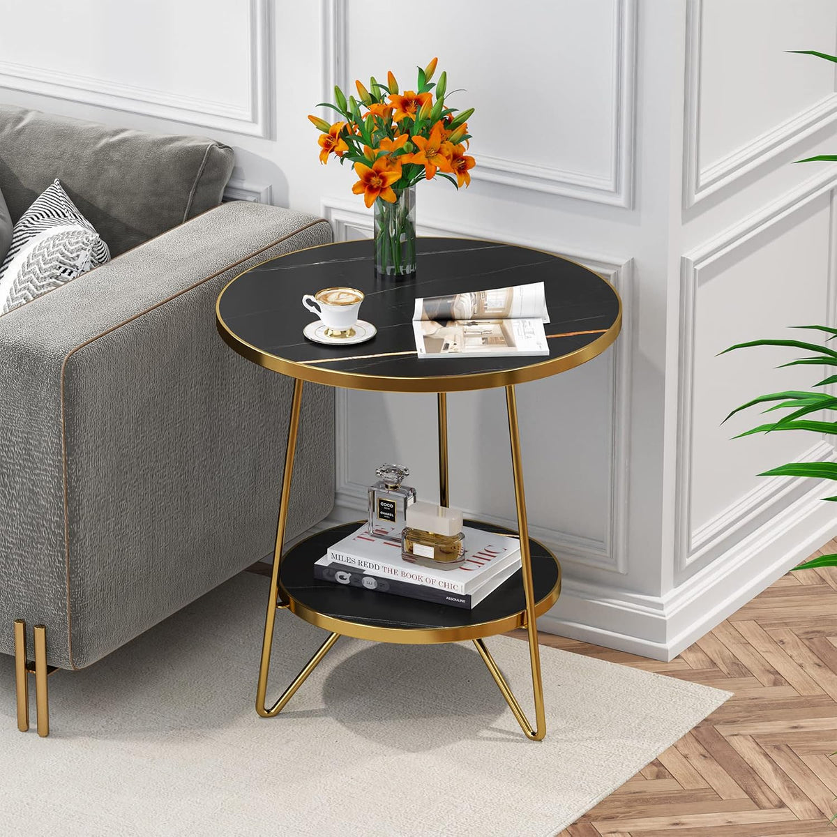 Tribesigns Faux Marble End Table, 2 Tier Round Side Table with Shelves, Modern Black Nightstand Bedside Table Small Coffee Accent Table for Living Room Bedroom, Black and Gold