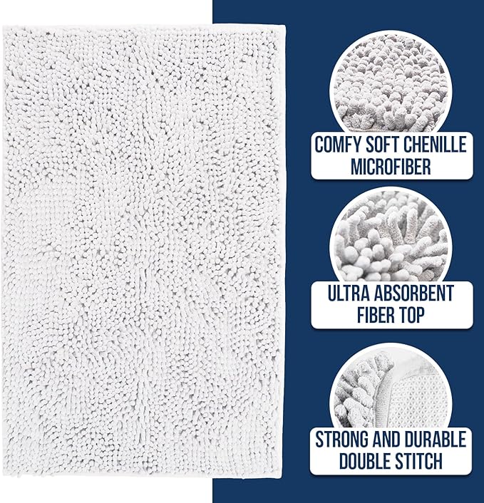 Muddy Mat Chenille Bathroom Rugs Quick Dry Microfiber Mats Non Slip Washable, Extra Thick, Soft and Highly Absorbent Bath Mats for Bathroom, Kitchen, and Shower Floor - White Runner 59"X24"
