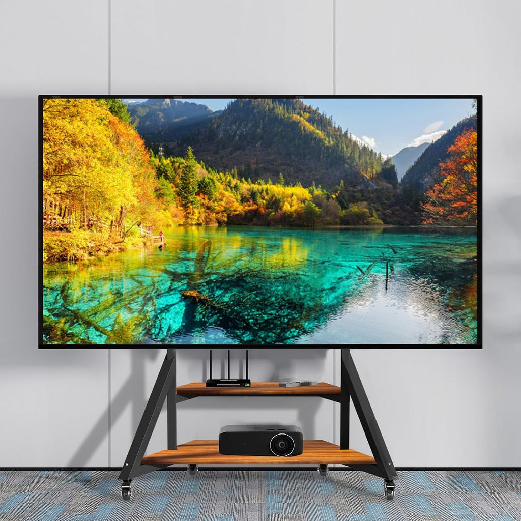 Mobile TV Stand for 65-100 Inch TVs, Holds Up to 220 lbs,Walnut | Height Adjustable Rolling TV Stand with Large Wooden Shelves and Wheels, VESA 800×600mm, VC-Z1188