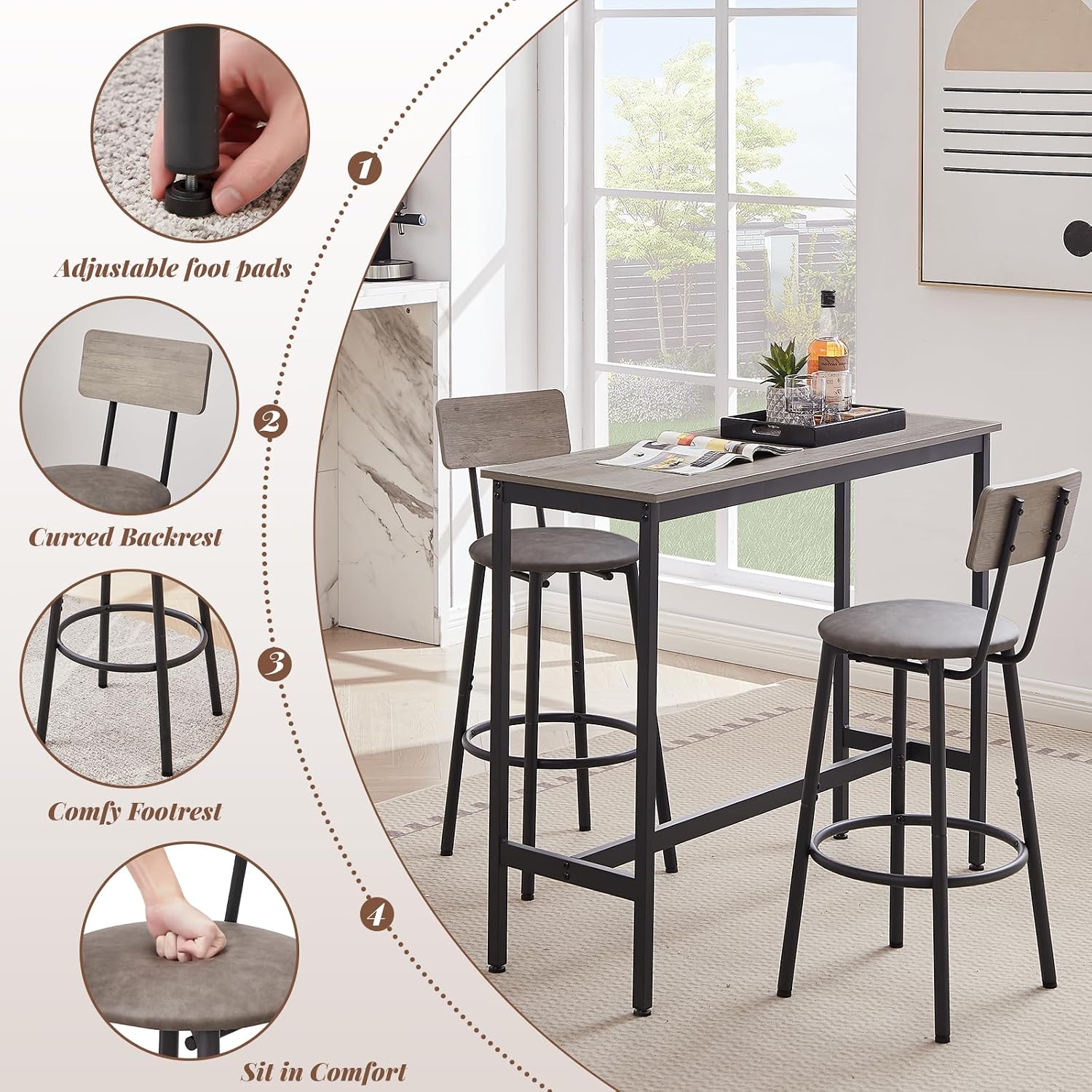 43.31" Bar Table Set for 2, Counter Height Dining Table with PU Upholstered Bar Stools and Backrests, Space-Saving Small Kitchen Table for Breakfast Nook,Grey