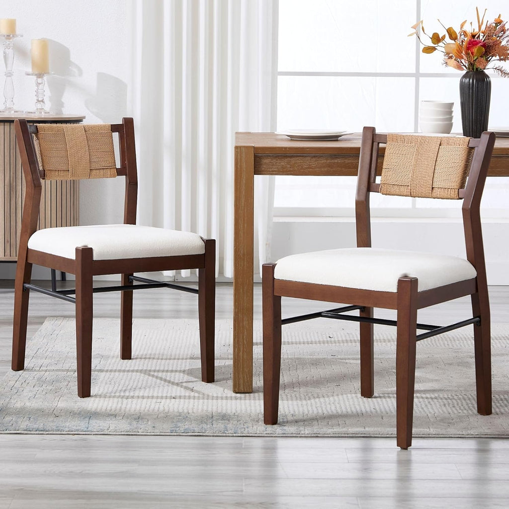 BESTANO Modern Armless Dining Chairs with Rope Woven Back Set of 2, White Upholstered Kitchen & Dining Room Chairs, Mid-Century Classic Farmhouse Wooden Side Chair