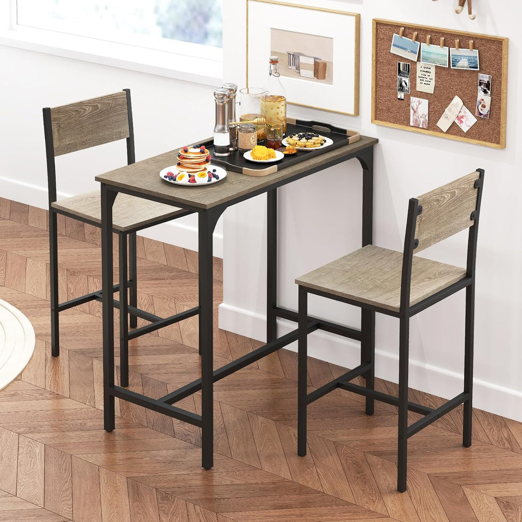 GOFLAME 3-Piece Bar Table Set, Counter Height Pub Table & 2 Barstools with Metal Frame, Industrial Space Saving Dining Set for Kitchen, Dining Room, Bistro, Restaurant, Small Space, Grey