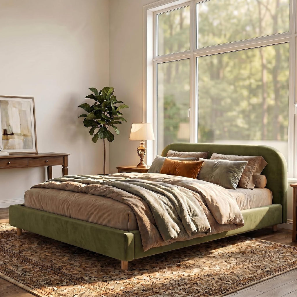 Virubi California King Size Upholstered Bed Frame with Curve Shaped Headboard, Modern Upholstered Platform Bed with Solid Wood Legs, Easy Assembly (California King,Olive Green)