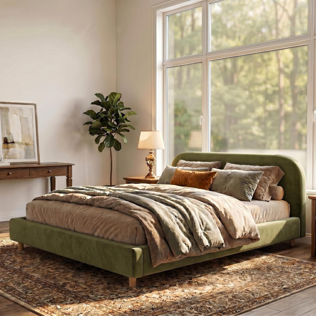 Virubi California King Size Upholstered Bed Frame with Curve Shaped Headboard, Modern Upholstered Platform Bed with Solid Wood Legs, Easy Assembly (California King,Olive Green)