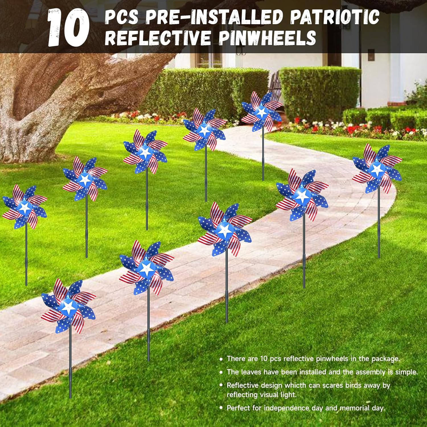 10 PCS Reflective Pinwheels for Yard and Garden Bird Devices Pre-Installed Sparkly Wind Spinner Deterrent to Scare Birds Away from Yard Patio Farm (Red&White&Blue)