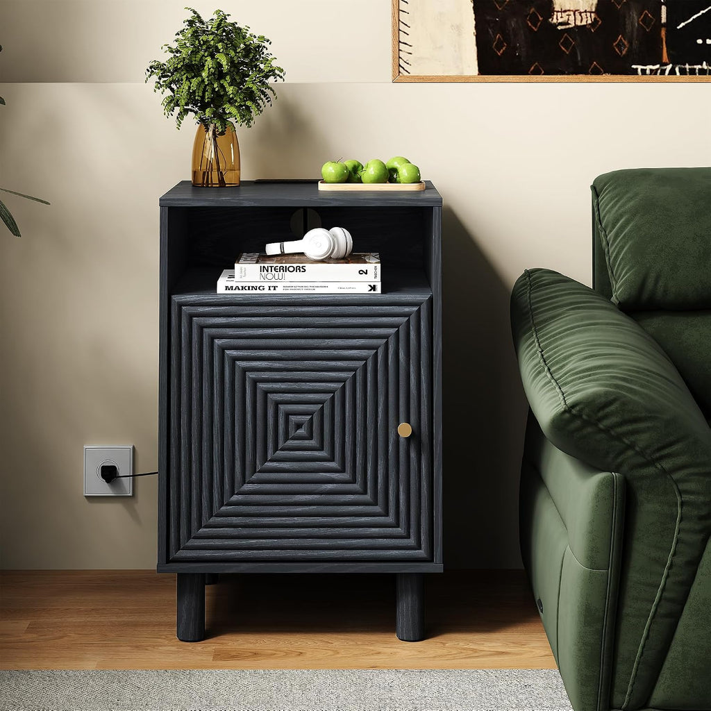 RoyalCraft Black Nightstand with Charging Station, End Table with Storage | Mid-Century Modern End Table for Living Room, Side Table with Solid Wood Legs, Bedside Table for Bedroom, Entryway