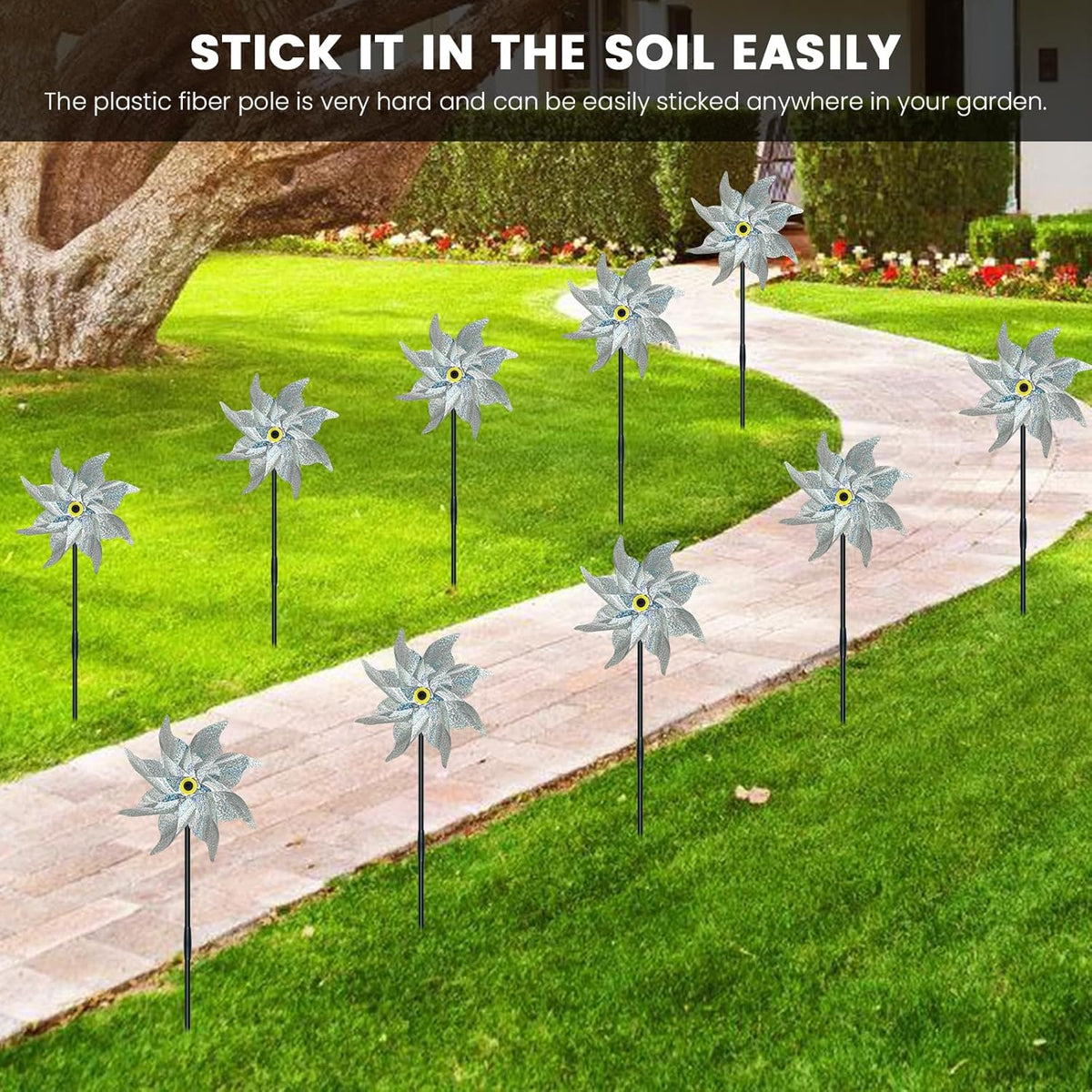 10 PCS Reflective Pinwheels for Yard and Garden Bird Devices Pre-Installed Sparkly Wind Spinner Deterrent to Scare Birds Away from Yard Patio Farm (Silver)
